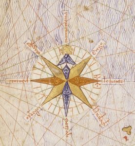 Detail from the 1375 Catalan Atlas, featuring a seminal compass rose