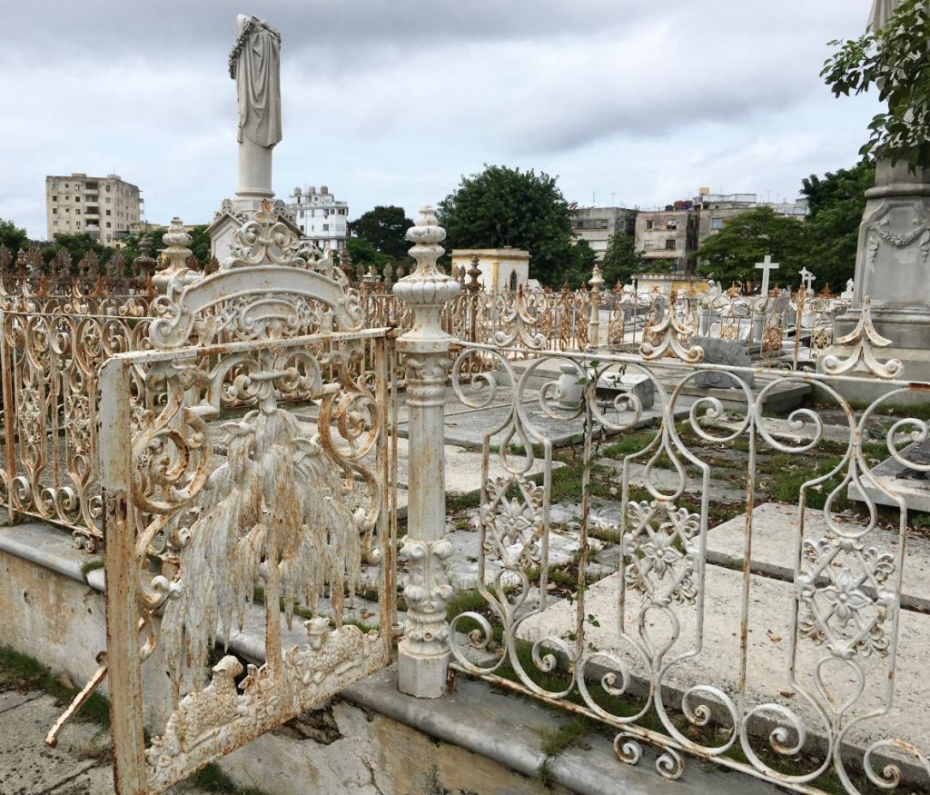 Many plots in Colón are surrounded by intricate iron fences with even more sculptural gates. This gate with a tree and two lambs is identical (but in white instead of black) to one in St. Louis Cemetery No. 3.