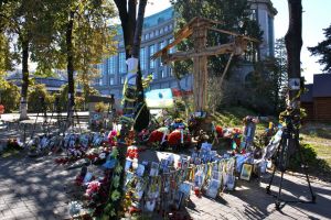 A shrine to the "Heavenly Hundred," those killed by police during the Maidan protests in Kyiv, Ukraine. Photo by Trevor Erlacher.